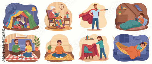 A collection of heartwarming daily life moments depicting various scenes of family, fun, and leisure foster a connection to everyday happiness and human interactions.