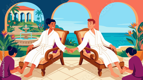 A serene spa scene depicting a couple enjoying a romantic experience, emphasizing relaxation, wellness, and tranquility in a beautiful outdoor setting with soothing aesthetics.