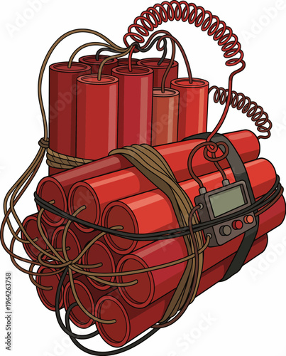 A detailed illustration of a dynamite bundle with a detonator, capturing suspense and drama, commonly associated with action scenarios and thrillers.
