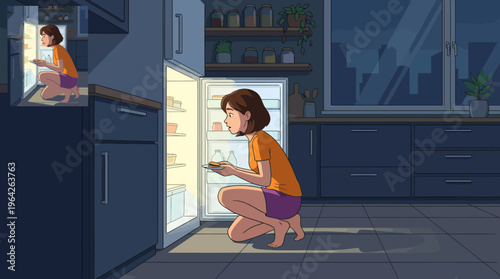 A curious young woman kneels before an open fridge, midnight light illuminating her search for a snack, capturing a relatable moment of late-night cravings and comfort.