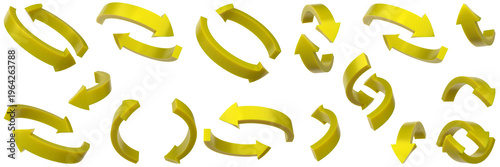 Картината върху платно 3d yellow rubber curved arrows set, rotation and refresh icons collection, circu
