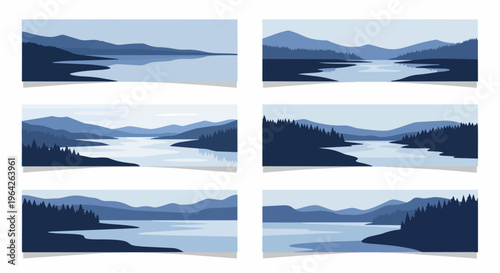Mountain lake scenery collection vector illustrations