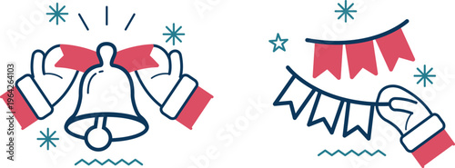 Celebratory hands ringing a bell and holding a wreath with stars