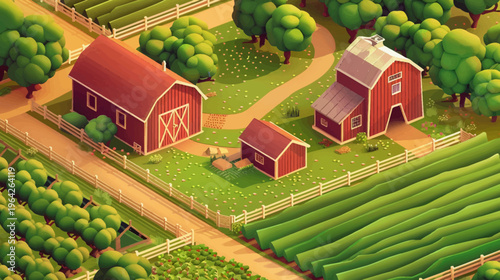Cartoon farm scene with barns crops trees and paths under sunny sky