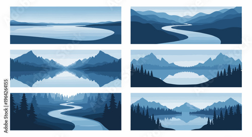 Scenic landscape illustrations mountains rivers and lakes in various views