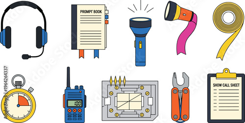 Event Production Tools and Equipment Vector Set Including Headset, Flashlight, Stopwatch, Radio, Call Sheet, and More for Show Production and Coordination Designs