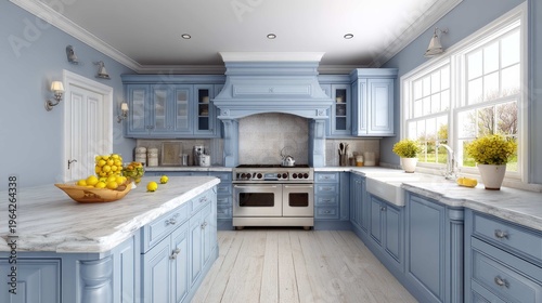 Bright and Modern Blue Kitchen Design with Marble Countertops, Stainless Steel Appliances, and Natural Light