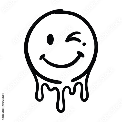 Winking melting smiley face emoticon with dripping effect isolated on white background