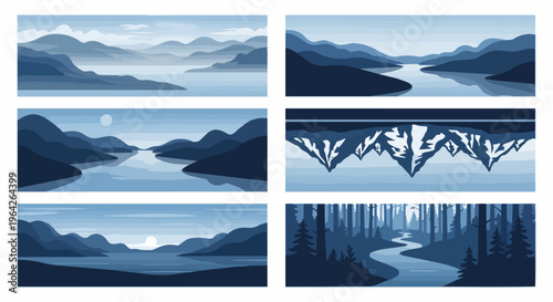 Tranquil landscape illustrations mountains lakes and forests in minimalist style