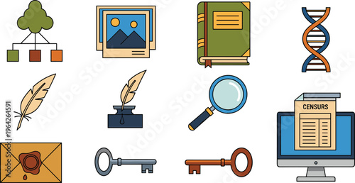 Research and Study Tools Vector Set Including DNA, Books, Magnifying Glass, Quill, Census Form, Key, and More for Educational and Academic Designs