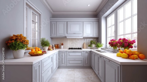 Modern Gray Kitchen with Bright Flowers and Fresh Fruits in a Cozy and Welcoming Space Perfect for Cooking and Gatherings