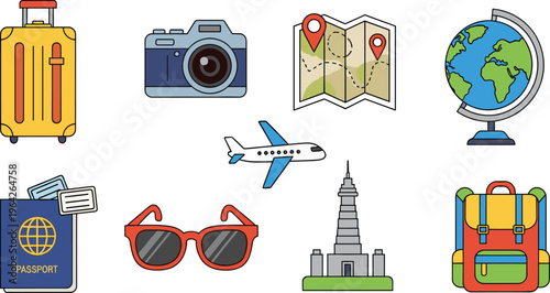 Travel Essentials and Accessories Vector Set Including Luggage, Camera, Passport, Sunglasses, Airplane, and More for Vacation and Adventure Designs
