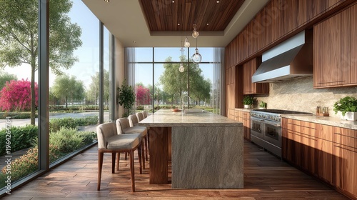 Modern kitchen interior design featuring a spacious island and large windows with a beautiful outdoor view of greenery