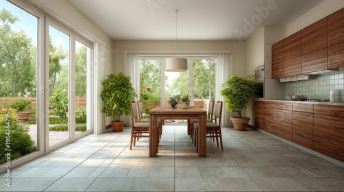 Modern bright kitchen dining area with large windows and greenery overlooking serene outdoor garden space