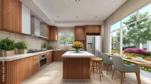 Modern kitchen interior design with wooden cabinets and bright natural light showcasing an inviting dining area