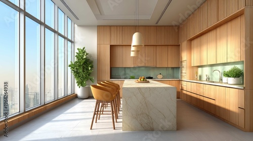 Modern kitchen interior design with wooden cabinetry and large island featuring panoramic city skyline views and natural light