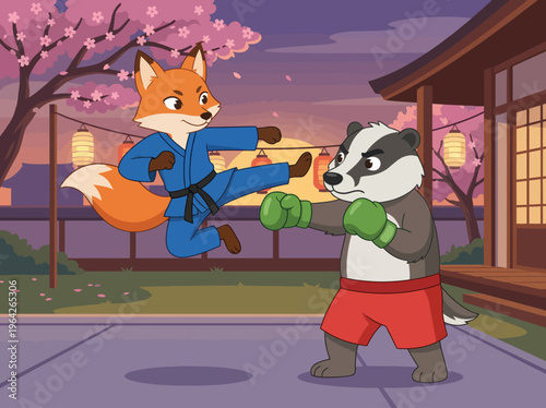 An engaging scene of a fox in a blue gi sparring with a badger in red boxing gloves, representing friendship, competition, and the spirit of martial arts training.