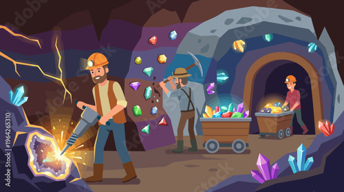 This vibrant image showcases miners actively extracting precious gems and minerals, depicting hard work and camaraderie in a rich underground environment.