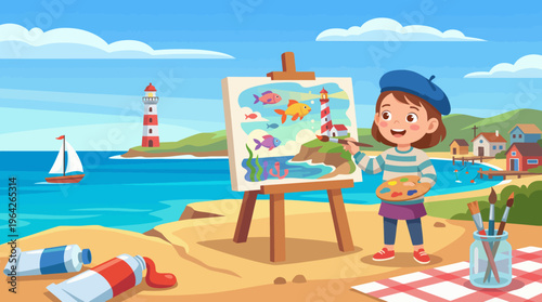 A young girl with a beret joyfully paints a vibrant seaside landscape filled with fish, a lighthouse, and boats, showcasing creativity, imagination, and the beauty of nature.