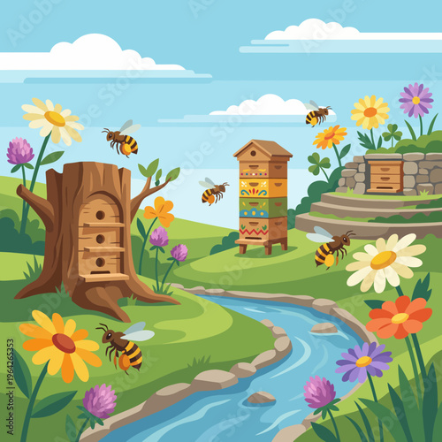 A vibrant garden filled with flowers and buzzing bees surrounded by hives captures the essence of nature’s pollinators and showcases a harmonious environment speaking to biodiversity.