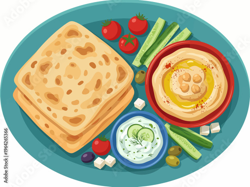 A vibrant platter of Mediterranean food featuring hummus, flatbread, and fresh vegetables, embodying healthy eating and culinary delight in a colorful arrangement.