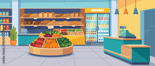 A colorful grocery store featuring fresh vegetables, fruits, and baked goods, presenting a welcoming environment for shoppers looking for healthy options.