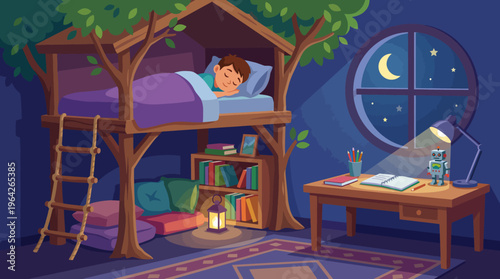 This whimsical illustration portrays a cozy treehouse bedroom at night, filled with comforts, books, and a warm atmosphere, symbolizing comfort, imagination, and childhood dreams.