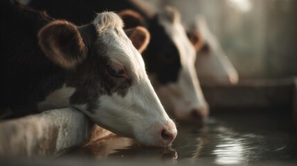 Close-up of a cow's face, with its head resting on the edge of a body of water. the cow is black and white in color, with a hint of brown on its forehead.