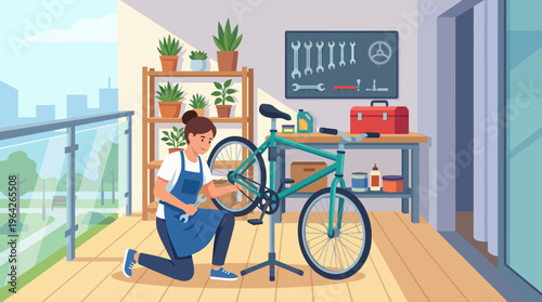 An engaging image depicting a person fixing a bicycle in a home workshop, blending the themes of maintenance, creativity, and the satisfaction of DIY projects in a cozy environment.