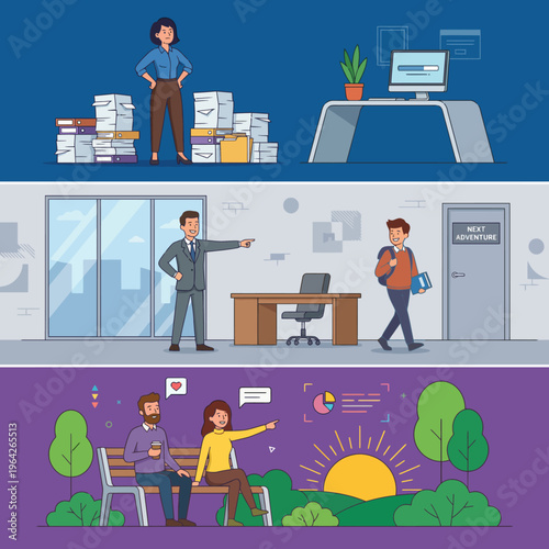 This illustration depicts the busy life of office workers with piles of paperwork, showcasing the stress and challenges faced in a modern corporate environment.