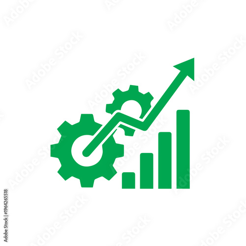 Vibrant green industrial cogwheel icon overlaps a multi-bar upward trajectory chart showing measurable gains and operational.