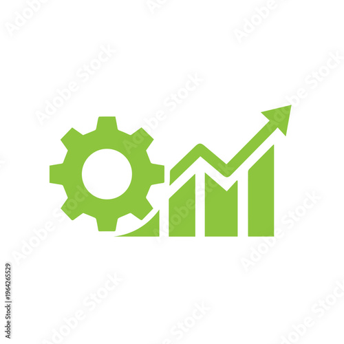 Bright green operational gear symbol merges with a rising line chart representing increased output and successful strategy.