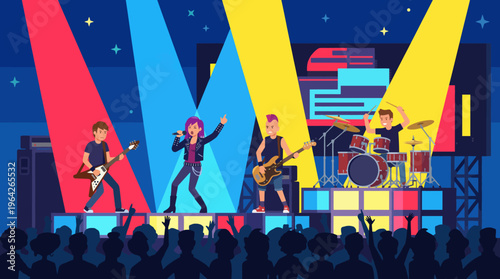 A lively performance by a band on stage with vibrant lights and an enthusiastic crowd, capturing the energy of live music events and the connection between artists and fans.