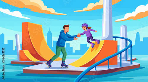 An energetic scene capturing a joyful moment between a parent and child at a skate park, full of colorful ramps and city skyline in the background encouraging active play.