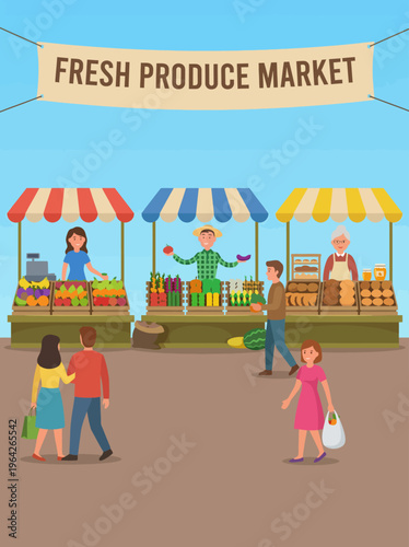 A lively market scene illustrating stalls filled with fresh fruits and vegetables, with happy customers shopping and vendors engaging, creating a vibrant and inviting atmosphere.