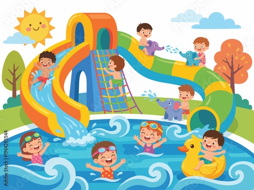 A vibrant and cheerful illustration of children enjoying a water slide park, showcasing happiness, summertime fun, and joyful interactions in a playful environment.