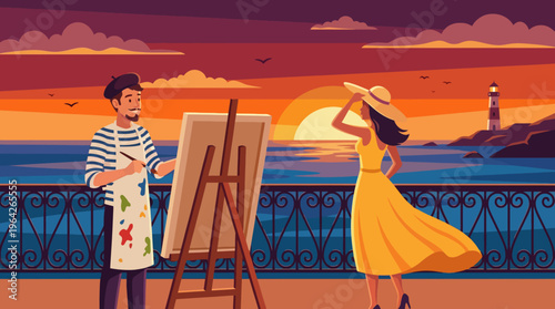 Capture the essence of creativity as an artist paints a beautiful sunset landscape featuring a lighthouse, accompanied by a model enjoying the serene surroundings.