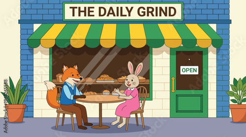 A friendly fox and bunny sit at a café table sharing pastries, captured in a cozy outdoor setting, emphasizing companionship and relaxation in a delightful atmosphere.
