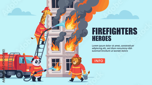 An imaginative scene depicting a giraffe, panda, and lion dressed as firefighters working together to extinguish a fire, illustrating teamwork and courage in the face of danger.