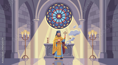 A religious figure in ceremonial clothing stands in a cathedral, performing a ritual while surrounded by candles and decorative architecture, echoing spirituality and tradition.
