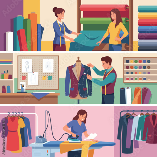 A creative scene depicting fashion designers at work, focusing on fabric selection, designing, and sewing in a brightly colored and organized fashion studio environment.