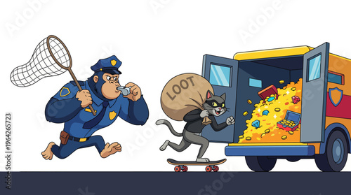 An amusing scene depicting a cat thief escaping on a skateboard while being chased by a determined policeman, showcasing a playful, humorous take on crime and pursuit.