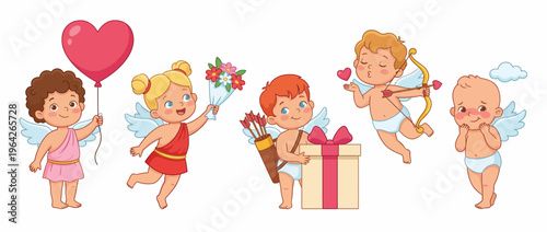 This charming illustration depicts adorable cherubs holding hearts, flowers, and gifts, symbolizing love, joy, and playful innocence inherent in romantic celebrations and relationships.