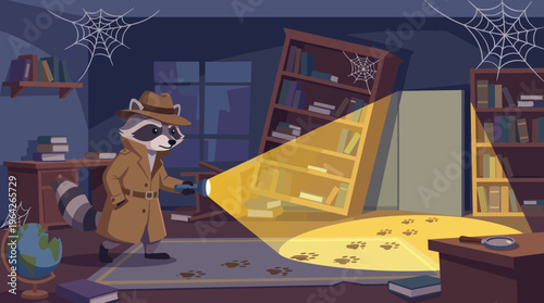 This whimsical illustration features a raccoon detective exploring a mystery-filled library, capturing the essence of adventure and curiosity in a fun, engaging setting.