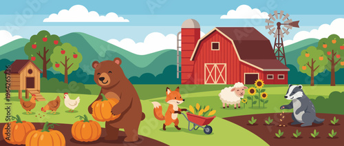 A vibrant illustration featuring a bear, fox, sheep, and other farm elements, showcasing the joys of rural life and farming in a colorful, cartoonish style.