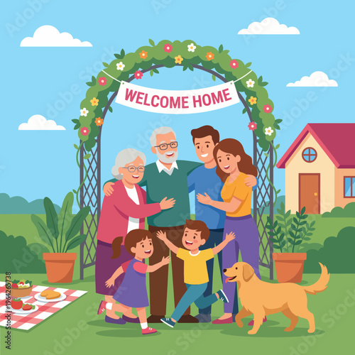 A warm family reunion scene with smiling faces, joyful embraces, and a welcoming atmosphere, celebrating togetherness and love as they gather in their inviting garden.