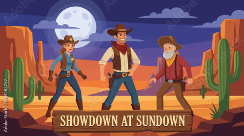Three illustrated characters stand in a duel against a vibrant desert backdrop, capturing the essence of classic Western themes of bravery and adventure in a fun, cartoonish way.