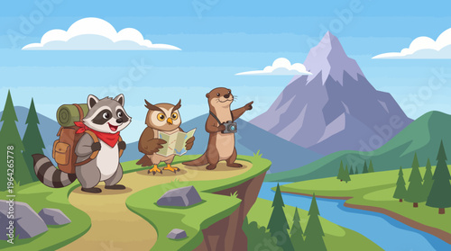 A raccoon, owl, and otter embark on a scenic hike, showcasing their adventurous spirits in a picturesque nature setting full of greenery and mountains.
