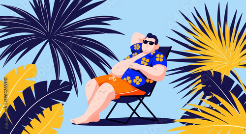 Relaxed man on summer vacation sitting in beach chair, tropical resort holiday with palm leaves, tourist man in aloha shirt and sunglasses