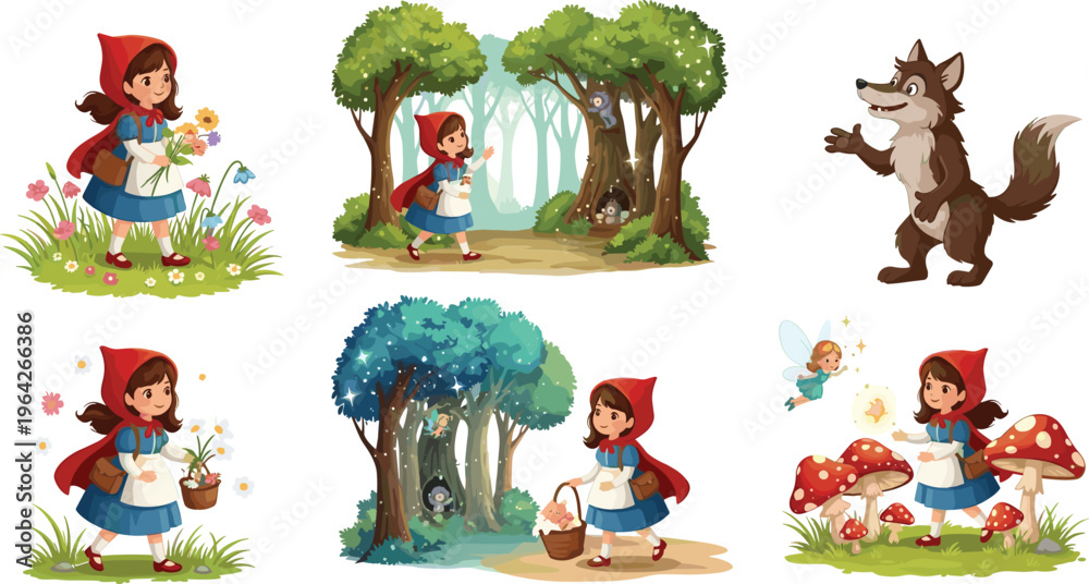 Fototapeta premium Little Red Riding Hood Adventure with Fairy, Wolf, and Magical Forest Elements in a Whimsical Woodland Setting
